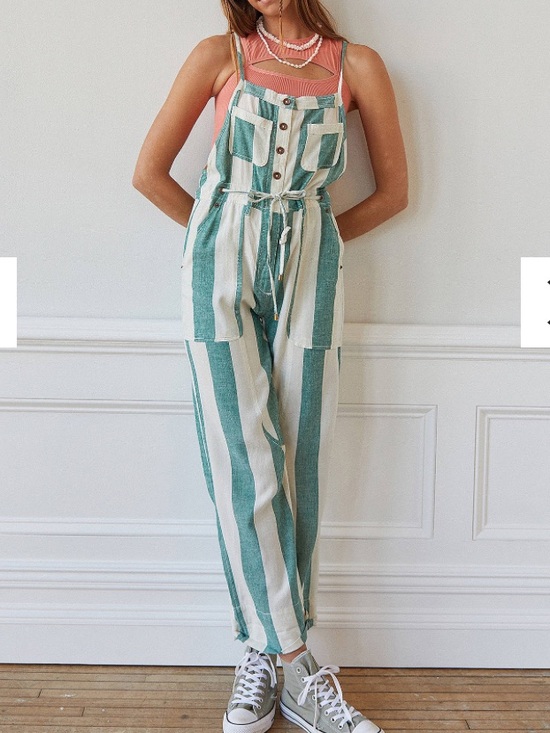 BDG Pants - BDG Teal and Cream Striped Button-Front Jumpsuit (dungarees) with skinny straps